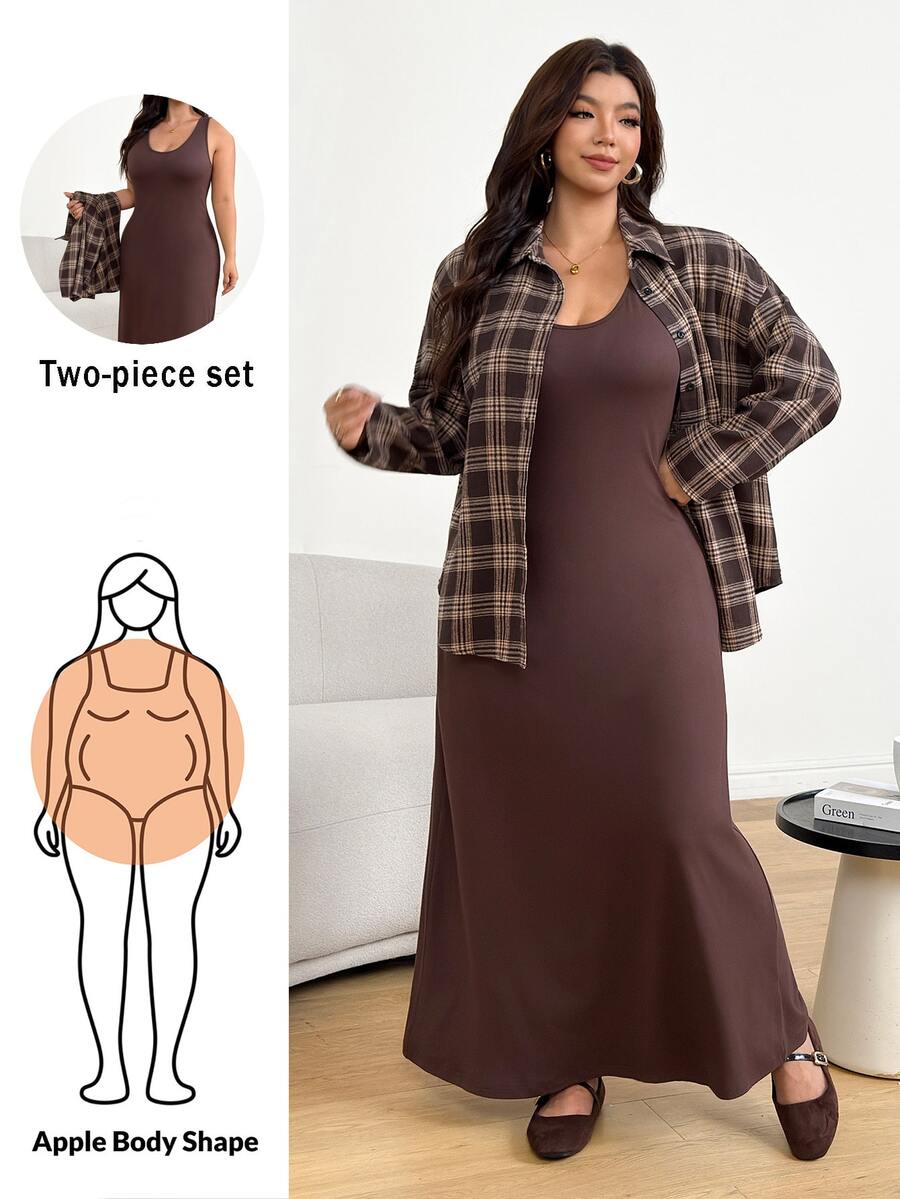Shapeblank Women's Plus-Size 2 Pieces Set: Brown Plaid Shirt & Long Brown Vest Dress – Stylish, Casual, Stretchy, And Comfortable For Autumn/Winter,Fall Outfits - Brown - View 1