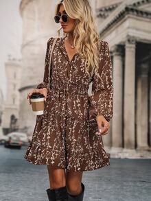 SHEIN Clasi Ditsy Floral Print Lantern Sleeve Ruffle Hem Shirred Dress Burgundy Color Women Outfit Fall Cloth For Women - Brown - View 5