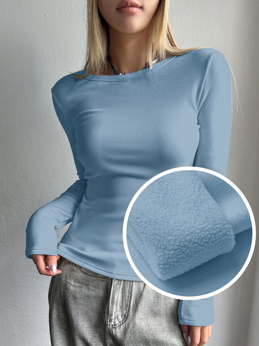 DAZY Women Casual Solid Color Fitted Long Sleeve Thermal Lined T-Shirt, Versatile For Autumn Winter,Thermal Lined Everyday Home Dusty Blue - Blue - View 1