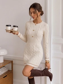 Easowa Women's Fall Winter Sweater Dress Round Neck Long Sleeve Button Front Office Brunch Apricot Elegant Casual - White - View 2