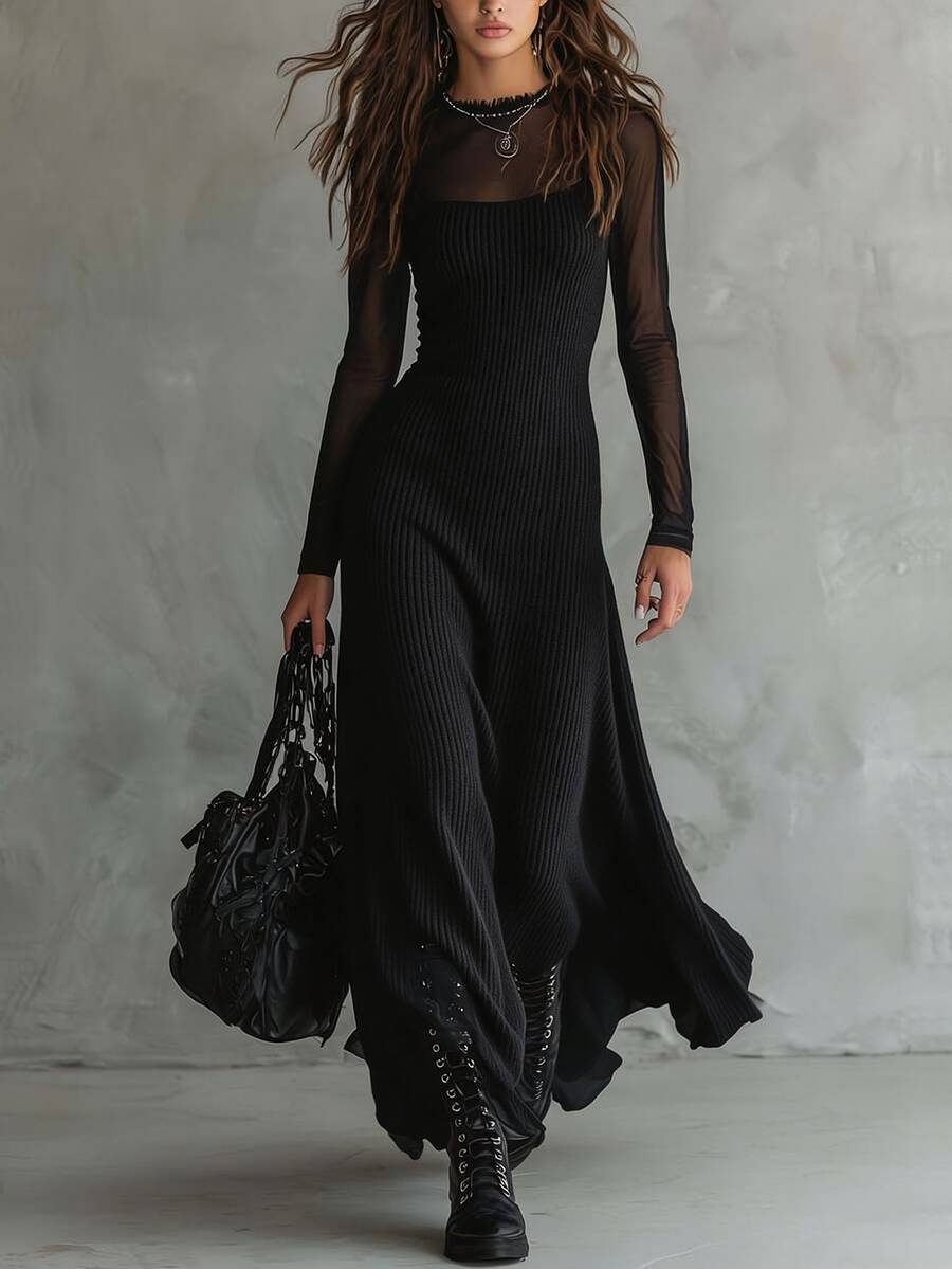 Omancia Black Mesh Patchwork Ribbed Knit Long Dress For Women, Autumn New Slim Fit Flattering Elegant Long Sleeve Flare Skirt - Black - View 1