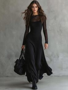 Omancia Black Mesh Patchwork Ribbed Knit Long Dress For Women, Autumn New Slim Fit Flattering Elegant Long Sleeve Flare Skirt - Black - View 3