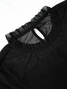 Omancia Black Mesh Patchwork Ribbed Knit Long Dress For Women, Autumn New Slim Fit Flattering Elegant Long Sleeve Flare Skirt - Black - View 7