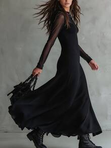 Omancia Black Mesh Patchwork Ribbed Knit Long Dress For Women, Autumn New Slim Fit Flattering Elegant Long Sleeve Flare Skirt - Black - View 5