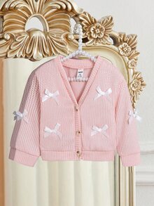 SHEIN Elladie kids 女嬰V領針織開襟外套，純色，蝴蝶結裝飾，長袖，前開鈕扣，針織毛衣夾克，秋季俱樂部音樂會正式淺粉色 - 淺粉色 - 查看 4
