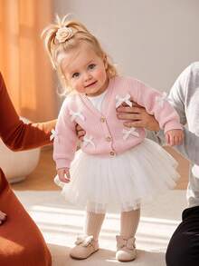 SHEIN Elladie kids 女嬰V領針織開襟外套，純色，蝴蝶結裝飾，長袖，前開鈕扣，針織毛衣夾克，秋季俱樂部音樂會正式淺粉色 - 淺粉色 - 查看 2