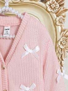 SHEIN Elladie kids 女嬰V領針織開襟外套，純色，蝴蝶結裝飾，長袖，前開鈕扣，針織毛衣夾克，秋季俱樂部音樂會正式淺粉色 - 淺粉色 - 查看 7