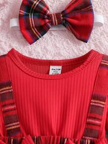 Souflis Souflis 女嬰聖誕紅色格紋荷葉袖洋裝附髮帶，可愛節慶格紋吊帶連身裙 2 件套，適合假日派對 - 紅色 - 查看 5