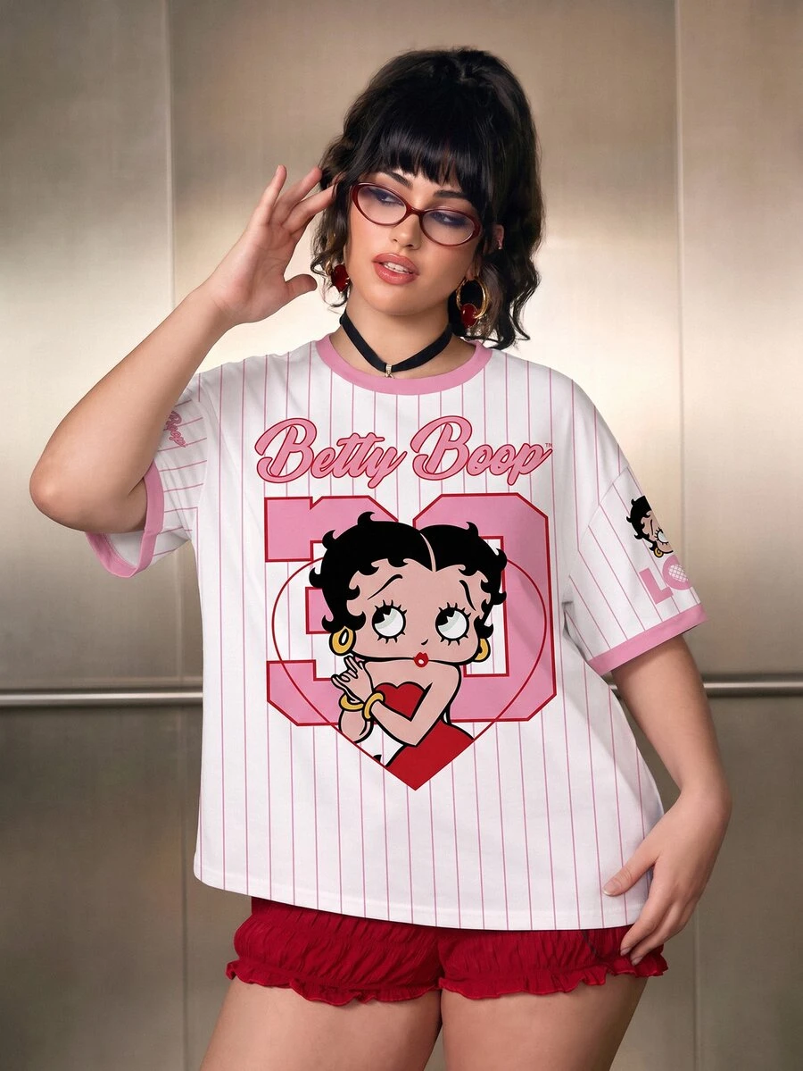 Betty Boop x SHEIN Plus Size Women's Striped Letter Print Crew Neck Short Sleeve Casual T-Shirt - White - View 1