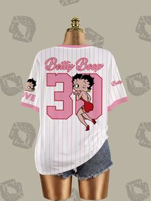 Betty Boop x SHEIN Plus Size Women's Striped Letter Print Crew Neck Short Sleeve Casual T-Shirt - White - View 8