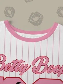 Betty Boop x SHEIN Plus Size Women's Striped Letter Print Crew Neck Short Sleeve Casual T-Shirt - White - View 5