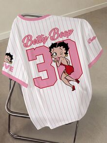 Betty Boop x SHEIN Plus Size Women's Striped Letter Print Crew Neck Short Sleeve Casual T-Shirt - White - View 2