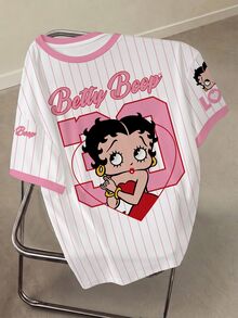 Betty Boop x SHEIN Plus Size Women's Striped Letter Print Crew Neck Short Sleeve Casual T-Shirt - White - View 3