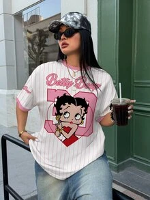 Betty Boop x SHEIN Plus Size Women's Striped Letter Print Crew Neck Short Sleeve Casual T-Shirt - White - View 4