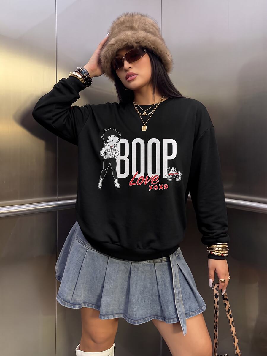 Betty Boop x SHEIN Plus Size Cartoon Print Long Sleeve Crew Neck Sweatshirt - White - View 1
