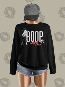 Betty Boop x SHEIN Plus Size Cartoon Print Long Sleeve Crew Neck Sweatshirt - White - View 4