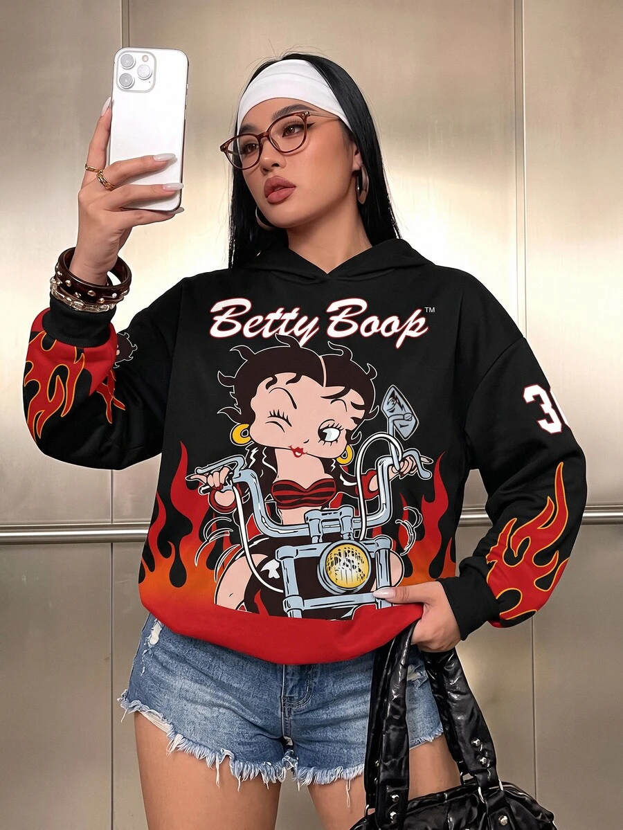 Betty Boop x SHEIN Plus Size Women's Letter Print Long Sleeve Casual Sweatshirt - White - View 1