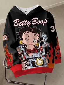 Betty Boop x SHEIN Plus Size Women's Letter Print Long Sleeve Casual Sweatshirt - White - View 4