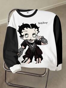 Betty Boop x SHEIN Plus Size Cartoon Graphic Print Colorblock Crew Neck Sweatshirt - White - View 3