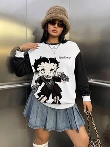 Betty Boop x SHEIN Plus Size Cartoon Graphic Print Colorblock Crew Neck Sweatshirt - White - View 1