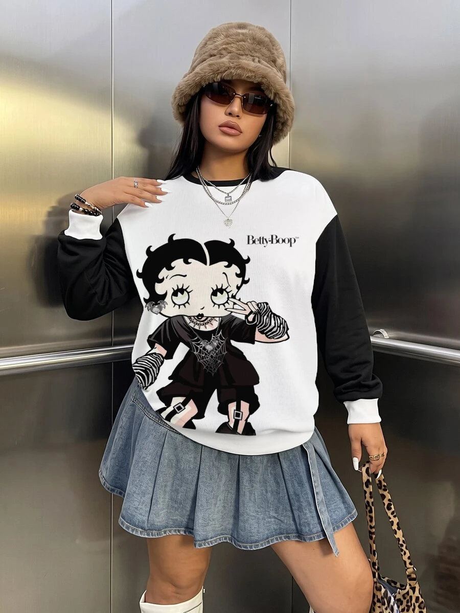 Betty Boop x SHEIN Plus Size Cartoon Graphic Print Colorblock Crew Neck Sweatshirt - White - View 1