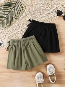 SHEIN 2pcs Young Girl Woven Solid Color Casual Shorts Set - Multicolor - View 2