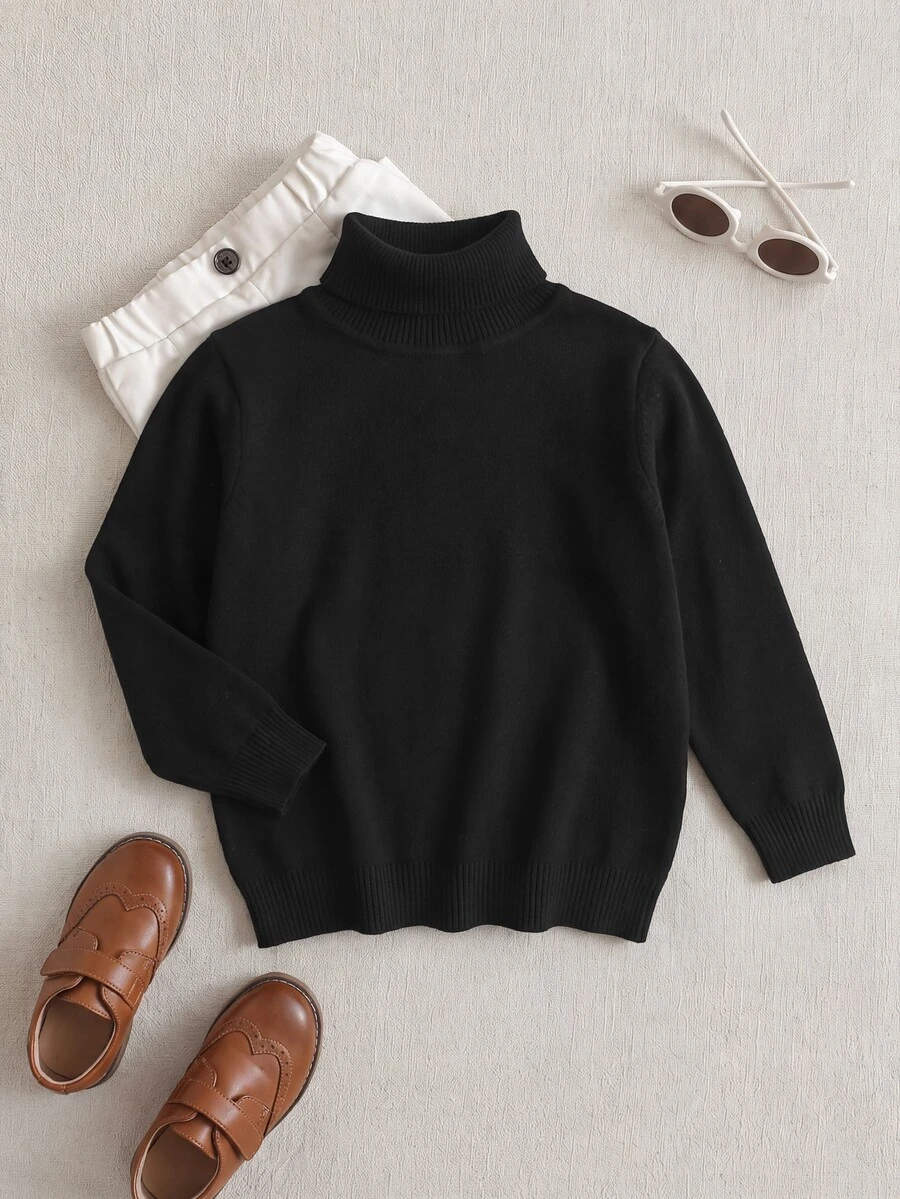 PrepCrw Kids Oversized Boys' Long Sleeve High Collar Casual Pullover Autumn Winter Sweater, Plus Size - Black - View 1
