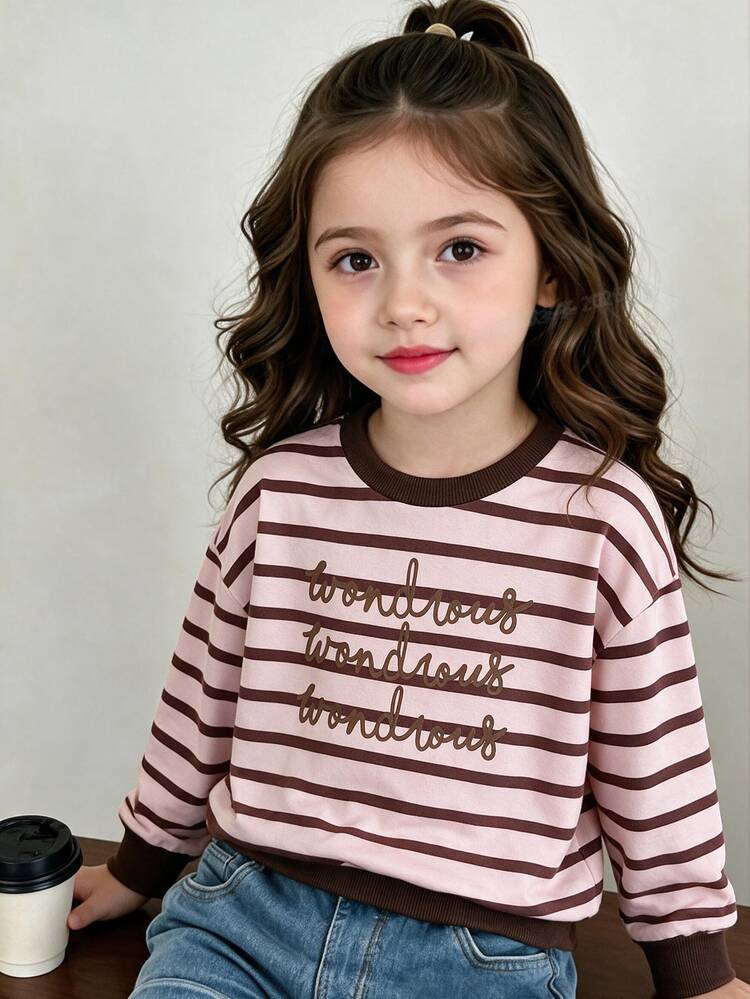 Girls' New Fall Fashion Sweet Brown Striped Pullover Sweatshirt, Cute Casual Cowboy Mermaid Fairy Princess Versatile Young Girl' Top 7th Birthday - Pink - View 5