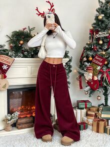 SHEIN LUNE Women's Solid Color Drawstring Faux Pocket Casual Pants, Autumn Fall Cloth For Women Everyday Work Burgundy - Burgundy - View 7