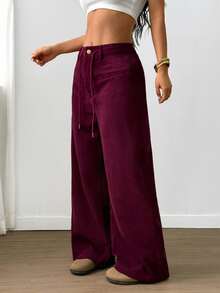 SHEIN LUNE Women's Solid Color Drawstring Faux Pocket Casual Pants, Autumn Fall Cloth For Women Everyday Work Burgundy - Burgundy - View 4