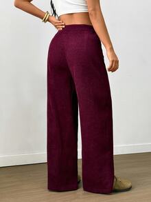 SHEIN LUNE Women's Solid Color Drawstring Faux Pocket Casual Pants, Autumn Fall Cloth For Women Everyday Work Burgundy - Burgundy - View 2