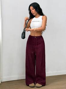 SHEIN LUNE Women's Solid Color Drawstring Faux Pocket Casual Pants, Autumn Fall Cloth For Women Everyday Work Burgundy - Burgundy - View 5
