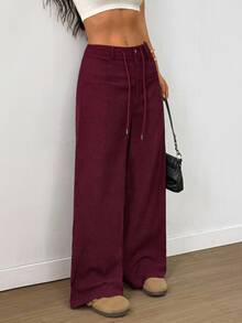 SHEIN LUNE Women's Solid Color Drawstring Faux Pocket Casual Pants, Autumn Fall Cloth For Women Everyday Work Burgundy - Burgundy - View 6
