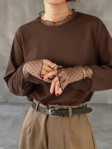 FRIFUL Kaos Lengan Panjang Kasual Serbaguna Motif Polka Dot Transparan Warna Polos untuk Liburan Musim Panas - Coklat - View 3