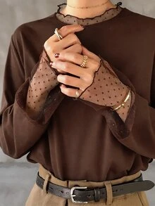 FRIFUL Kaos Lengan Panjang Kasual Serbaguna Motif Polka Dot Transparan Warna Polos untuk Liburan Musim Panas - Coklat - View 6