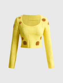 SpongeBob SquarePants | ROMWE Setelan 2 Potong Atasan Lengan Panjang dan Rok Mini Rajut Motif Blok Warna untuk Wanita - Kuning - View 7