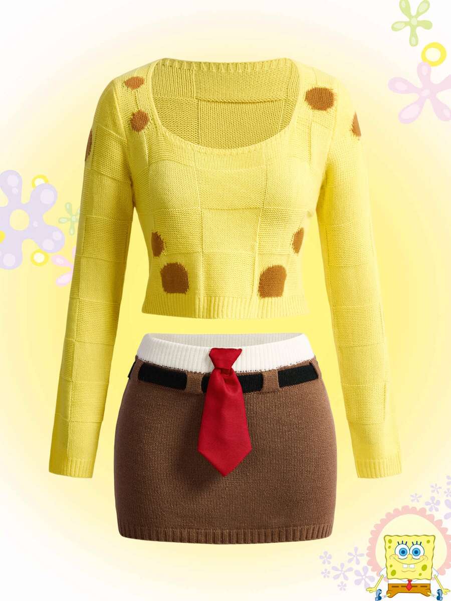 SpongeBob SquarePants | ROMWE Setelan 2 Potong Atasan Lengan Panjang dan Rok Mini Rajut Motif Blok Warna untuk Wanita - Kuning - View 1