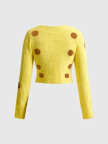 SpongeBob SquarePants | ROMWE Setelan 2 Potong Atasan Lengan Panjang dan Rok Mini Rajut Motif Blok Warna untuk Wanita - Kuning - View 6