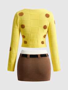 SpongeBob SquarePants | ROMWE Setelan 2 Potong Atasan Lengan Panjang dan Rok Mini Rajut Motif Blok Warna untuk Wanita - Kuning - View 2