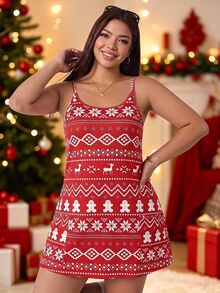 SHEIN EZwear 大尺碼女款薑餅人印花休閒細肩帶洋裝聖誕款 - 彩色 - 查看 8