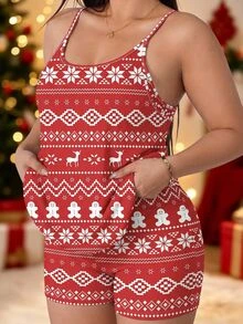 SHEIN EZwear 大尺碼女款薑餅人印花休閒細肩帶洋裝聖誕款 - 彩色 - 查看 5