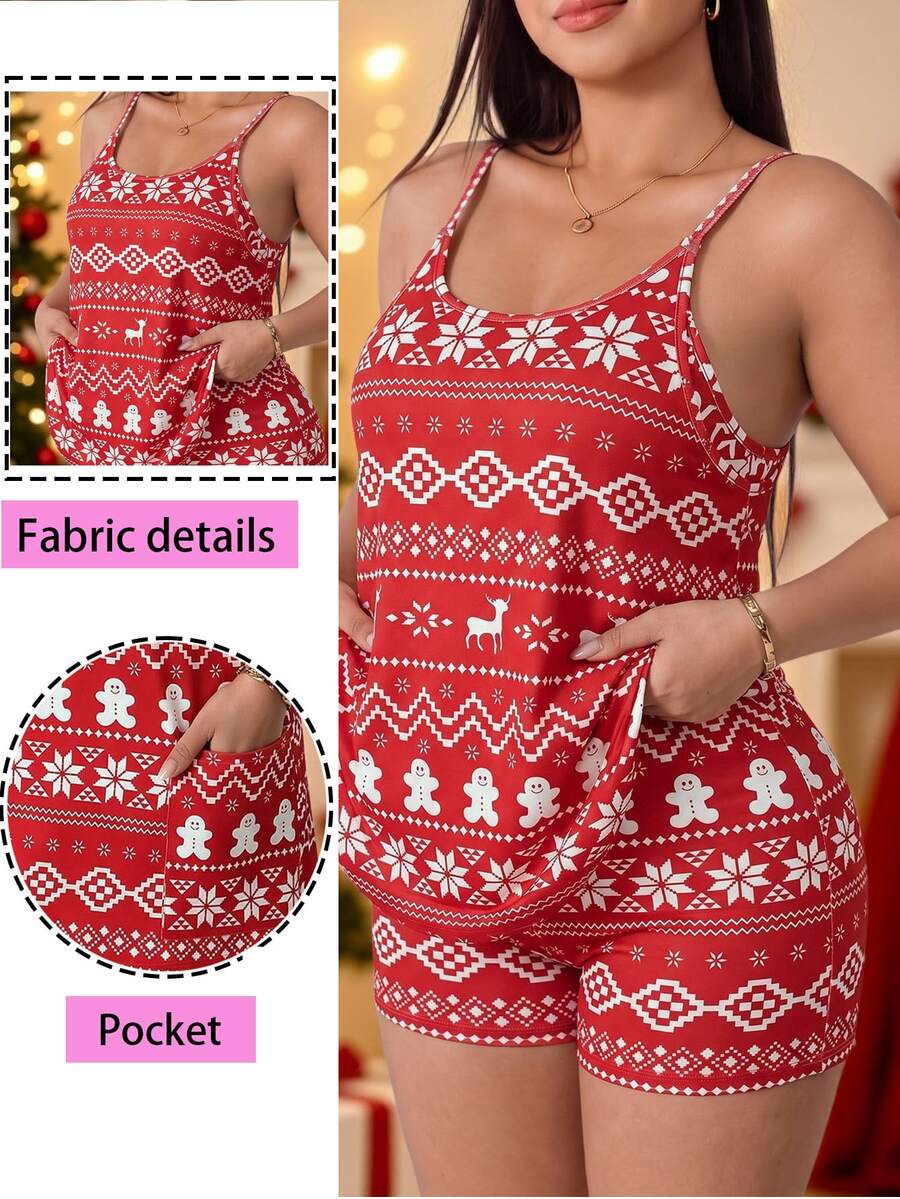 SHEIN EZwear 大尺碼女款薑餅人印花休閒細肩帶洋裝聖誕款 - 彩色 - 查看 1