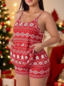 SHEIN EZwear 大尺碼女款薑餅人印花休閒細肩帶洋裝聖誕款 - 彩色 - 查看 9