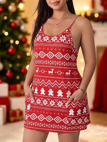 SHEIN EZwear 大尺碼女款薑餅人印花休閒細肩帶洋裝聖誕款 - 彩色 - 查看 7