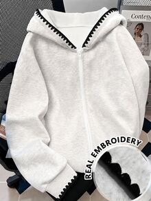 SHEIN Tween Girls Cute Butterfly Embroidery Zip-Up Hooded Long Sleeve Jacket, Back To School Fall Autumn Winter Off Campus Black And White Baggy - Grey - View 1