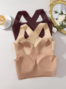 Snug Zone 內衣與睡衣 3件組 女款無縫黏合素色舒適可拆式杯墊無鋼圈交叉後背鏤空運動內衣 - 彩色 - 查看 3