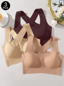 Snug Zone 內衣與睡衣 3件組 女款無縫黏合素色舒適可拆式杯墊無鋼圈交叉後背鏤空運動內衣 - 彩色 - 查看 7