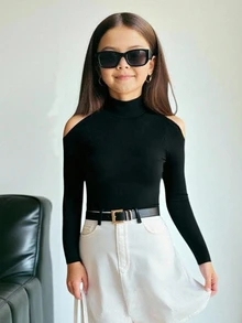 Firerie Kids Firerie Kids Tween Girls' Casual Solid Color Hollow Out Long Sleeve Snug Fit T-Shirt, Spring & Autumn Fall Winter - Black - View 2