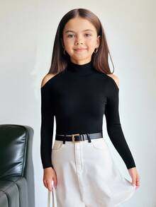 Firerie Kids Firerie Kids Tween Girls' Casual Solid Color Hollow Out Long Sleeve Snug Fit T-Shirt, Spring & Autumn Fall Winter - Black - View 1