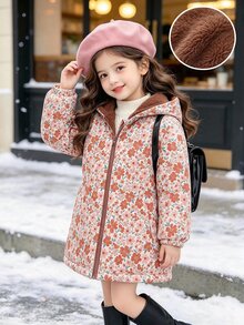 SHEIN 女童新款冬季連帽拉鍊棉襖，杏色碎花印花，保暖內裡，加厚修身收腰，附口袋，簡約休閒百搭外套 - 棕色 - 查看 3